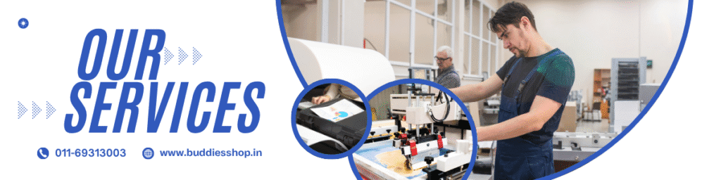 BuddiesShop custom printing and branding services banner – showcasing t-shirt printing, corporate gifting, and promotional product solutions in India